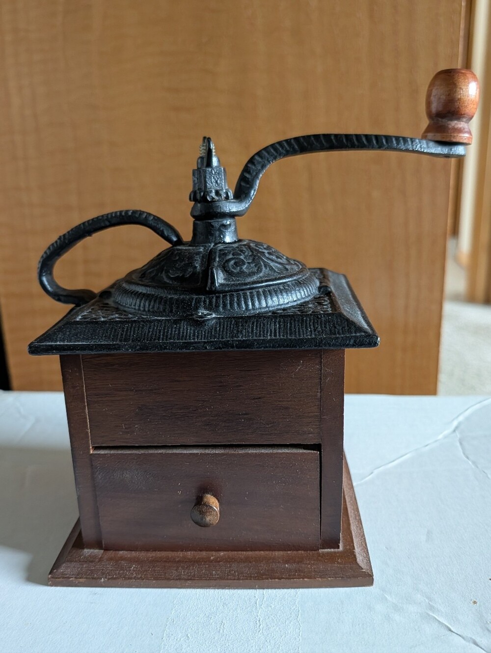 Vintage-Style Wooden Coffee Grinder with Black Cast Top
